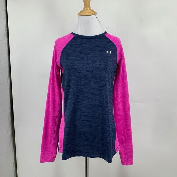 Under Armour Shirt Women L Large Navy Pink ColdGear Fitted Thumbhole Crew Raglan - Picture 2 of 14